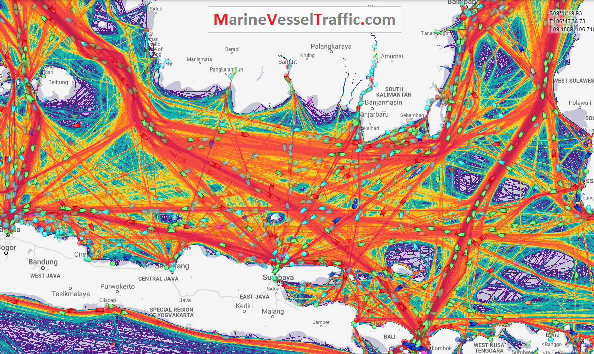 Live Marine Traffic, Density Map and Current Position of ships in JAVA SEA